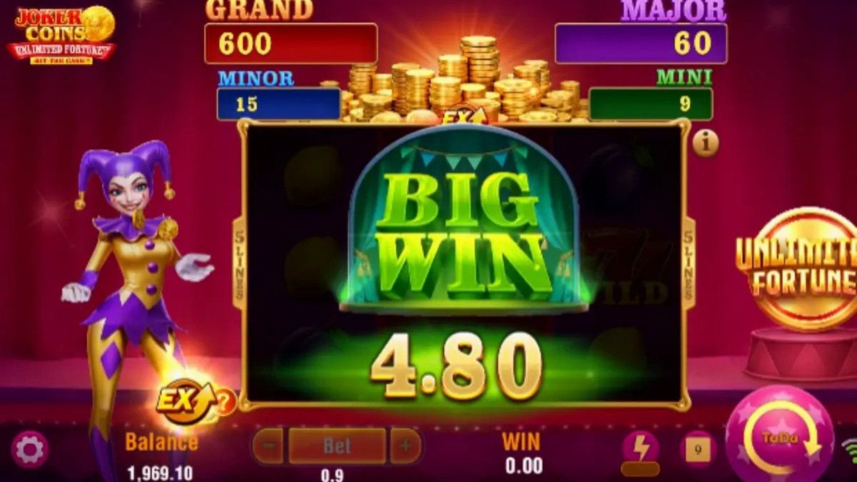 Tampilan visual slot Joker Coins Unlimited Fortune dengan simbol buah dan koin neon
