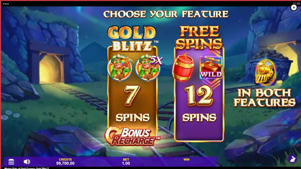 Lucky Lad Flynn di depan tambang emas dalam slot Mining Pots of Gold Express Gold Blitz